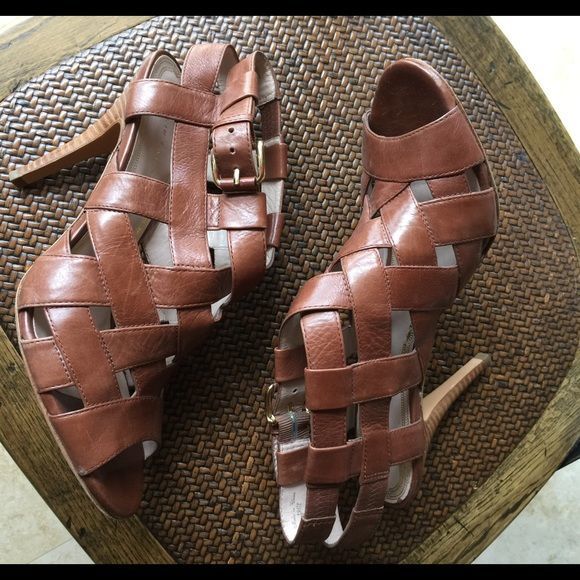 Ellie Tahari Brown Leather Peep Toe Sandals High Heels 9 1/2 - Picture 5 of 12